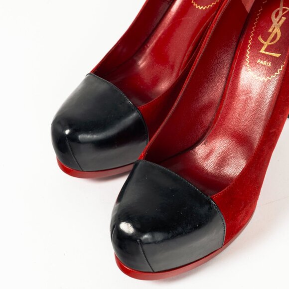 Yves Saint Laurent Tribtoo 80 Platform Poppy Suede & Nero Cap-Toe Pumps - Picture 6 of 9